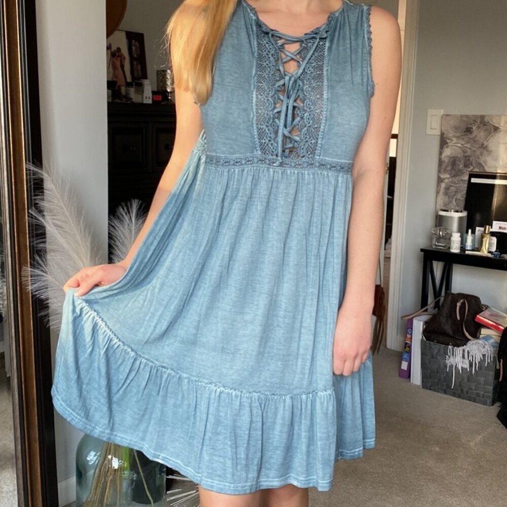 Umgee Boho Lace Up Distressed Knit Mini Dress Blue - L